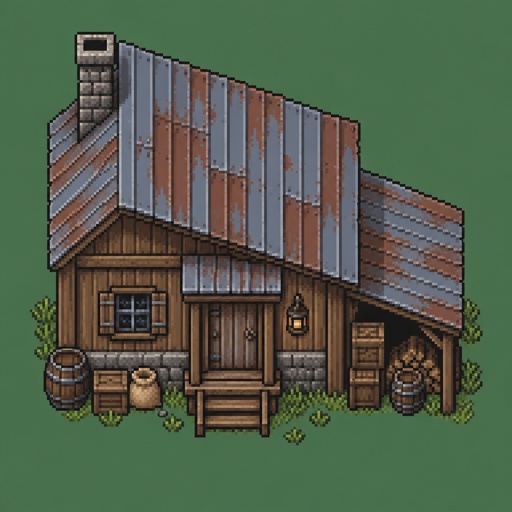 Rugged house with slanted metal roof for a modern fantasy game, top down style, shading and highlights, items