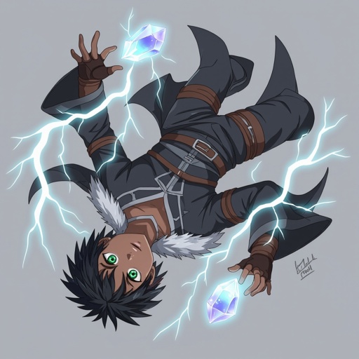 A full body picture of a 15 year old black male with the same hair as evil eyes from Dan Da Dan and green eyes. Give him a gray mage/assassin outfit with fur. Have him floating surrounded by lightning bolts. Give him a crystal that floats from his upside down left hand 