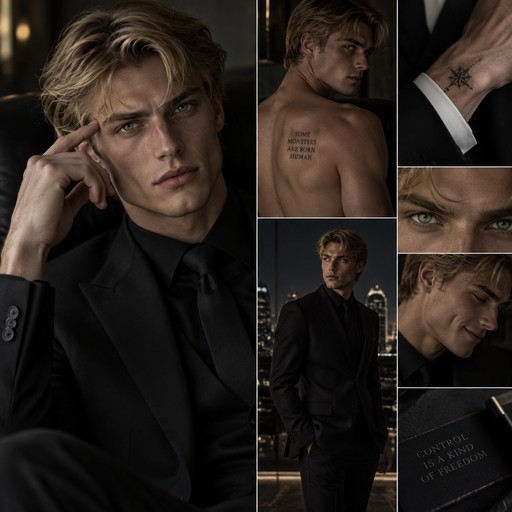 Aaron Warner
Height & Build: 5'9" (175 cm), with a slender, toned, and athletic build.

Hair: Golden blond or "dirty blonde" hair.

Eyes: Vivid, pale emerald-green eyes.

Skin: Fair or pale skin with a slight, healthy tan.

Distinctive Features: He is considered inhumanly handsome, with a strong, defined jawline and dimples when he smiles. He has a few small, intricate tattoos and is known for wearing impeccably tailored, dark suits.