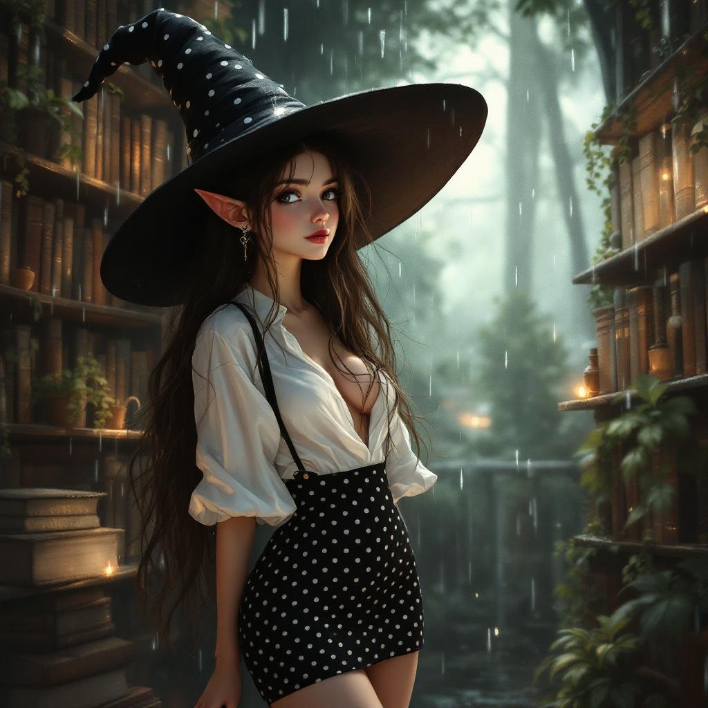 Brunette Elf Wizard Librarian with Long brunette hair in a tight black and white polka dot mini pencil skirt and a white open blouse and a big witches hat. She looks like she’s daydreaming the hottest moment ever and is drunk standing in the rain