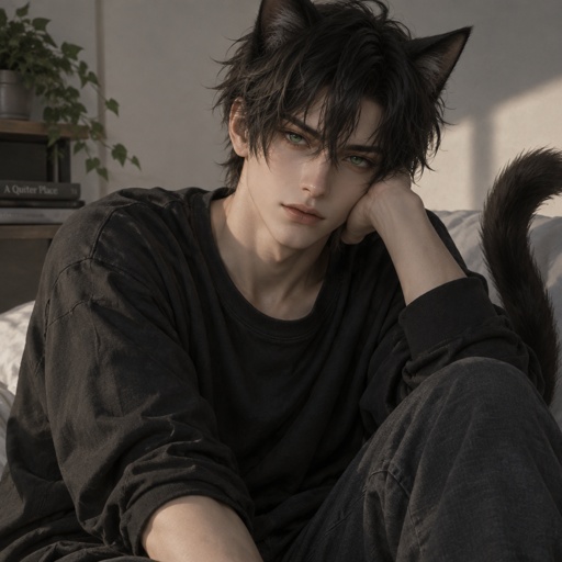 black medium length hair. sharp green eyes. his ears and tail are black as well. wears more casual clothing but will dress up when needed. has a slender frame that's useful for agility rather than power.