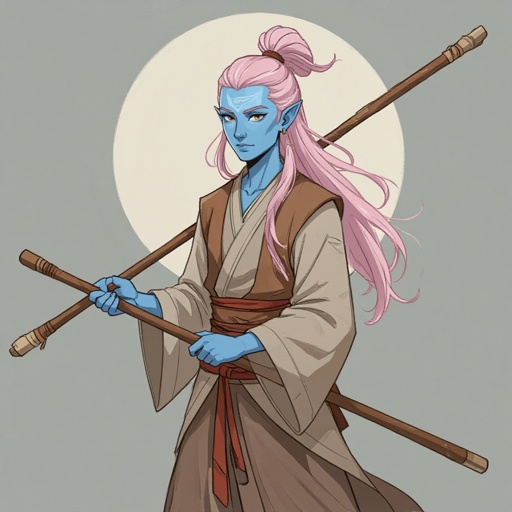 My character is a yielding monk with light pink and brown hair. She has blue skin and a quaterstaff on her back. He hair is pulled ina short half up half down hairstyle. She is wearing light colours clothes long sleeves shirt and long legged pants.