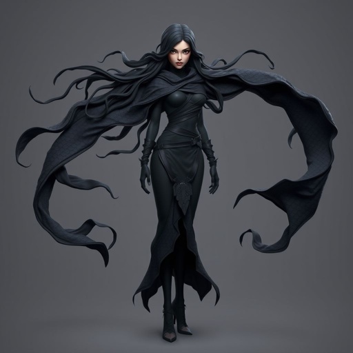 Create character hero Veyra of Shadows – A lithe, mysterious woman draped in layered black silks that move like smoke around her. With jet-black hair. Show her whole body head to toe including her shoes.