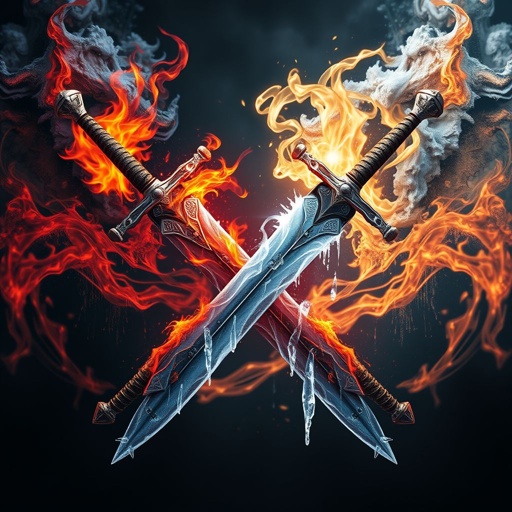2 swords crossed no human with fire and ice coming from them