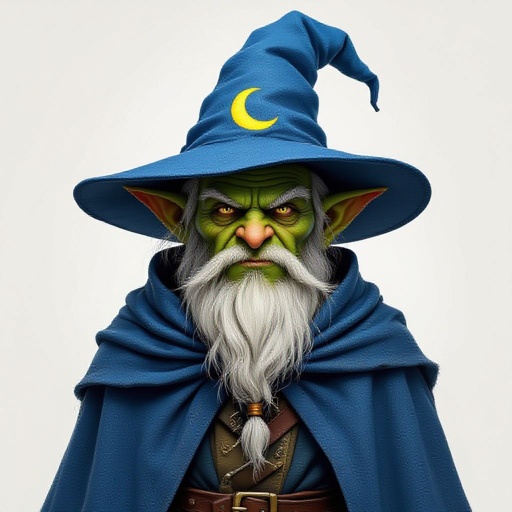 A Goblin mage with a blue cloak and a pointy wizard hat with a yellow crescent moon on the robe and hat