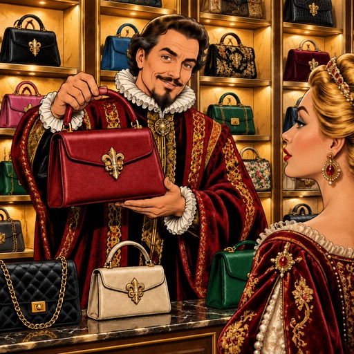 a painting of a man and woman holding a purse