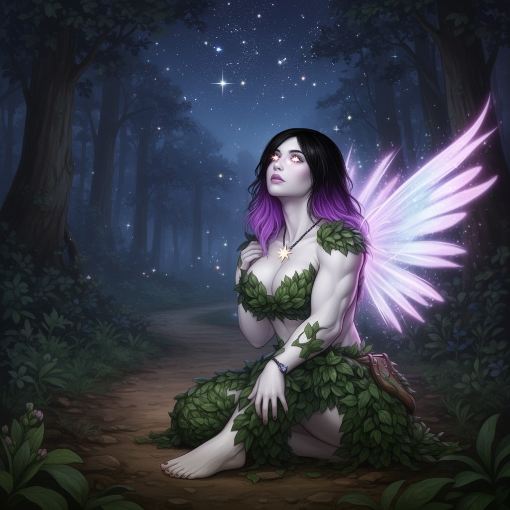 A lady with star like eyes and black hair which fades into purple tips. Wearing leafy clothing with a beautiful star pendant hanging around her neck. She is white around 6’4 and has a somewhat muscular build. She is in a forest with the stars out above her on a trail. She is sitting down looking at the stars above . With glowing radiant wings sprouting from her back