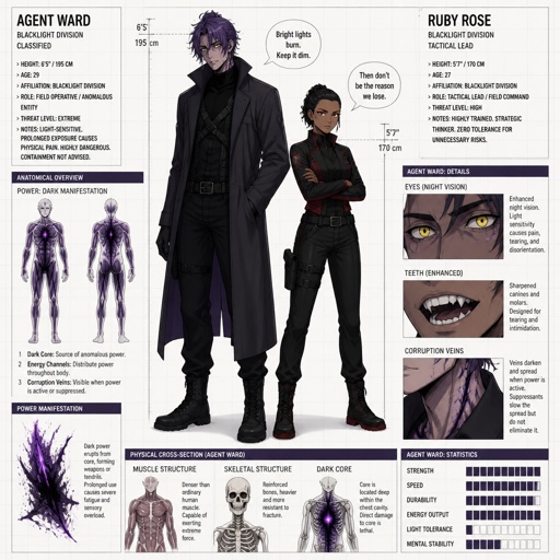 Anime style, Agent Ward a male, made in a secret lab to be best weapon and good at everything, highly skilled, be kept in check,emergency backup case he gets out of control, his hair messy bun color violet, clean shaven, yellow night vision eyes, sharp teeth,dark power energy from experiment,tired, tall, eyes sensitive to light, dangerous,intimidating, laugh like a maniac,cares about partner ruby rose she’s dark skin serious plays by rules firm,them standing together ruby arguing to wards "stop being intimidating you're going to our suspect a hart attack!" Ward says "job goes faster" starts giggling,ruby warn ward “ if you can’t take this seriously I’ll have to have you go in your room” ward sad expression says“i don’t want that” ruby “ok let’s do this I have somewhere to be ”
