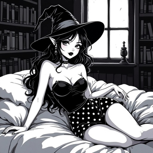 Dark Brunette Elf Witch Librariani with With Hat.  Strapless Bathing Suit Top and Black and white Polka Dot Mini Pencil Skirt laying on Library Bed
