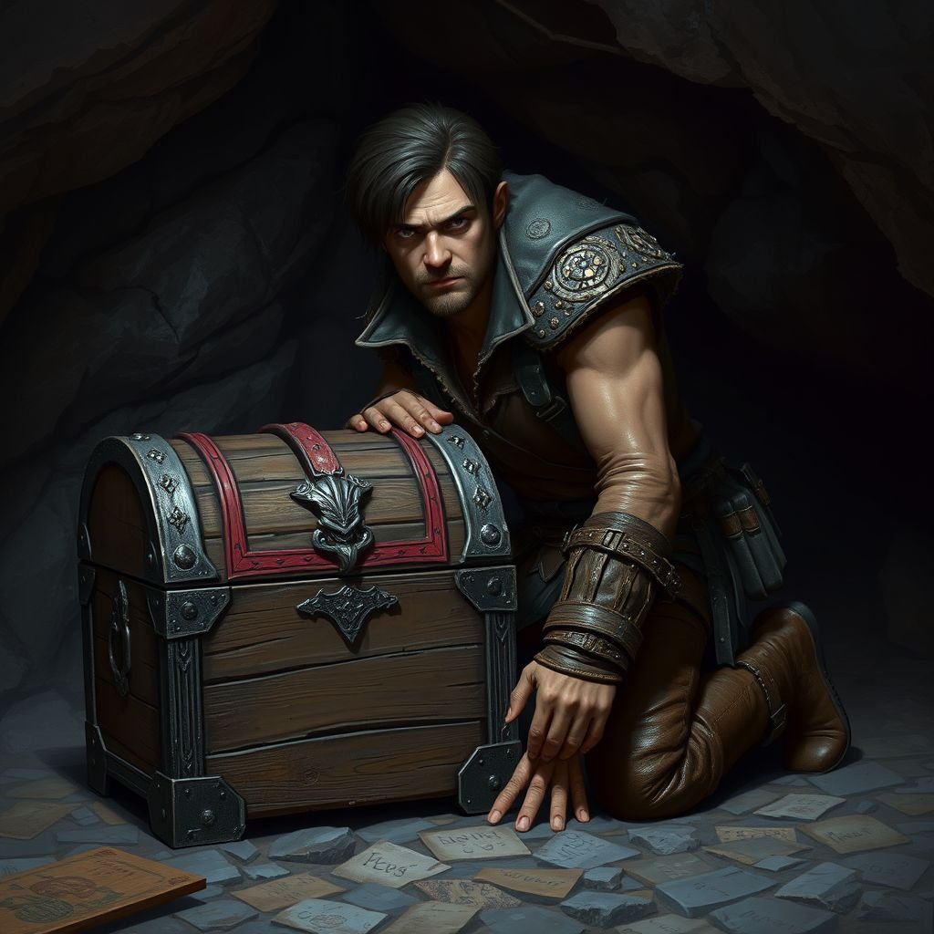 Closed wooden treasure chest with red banding sitting on cave floor