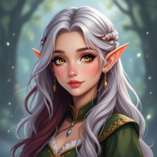Female elf that has dark auburn and white hair with golden brown eyes