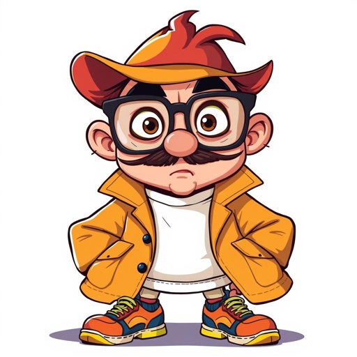 Create a character who is a goofy looking detective, who is confident. But funny looking. With cool shoes on.