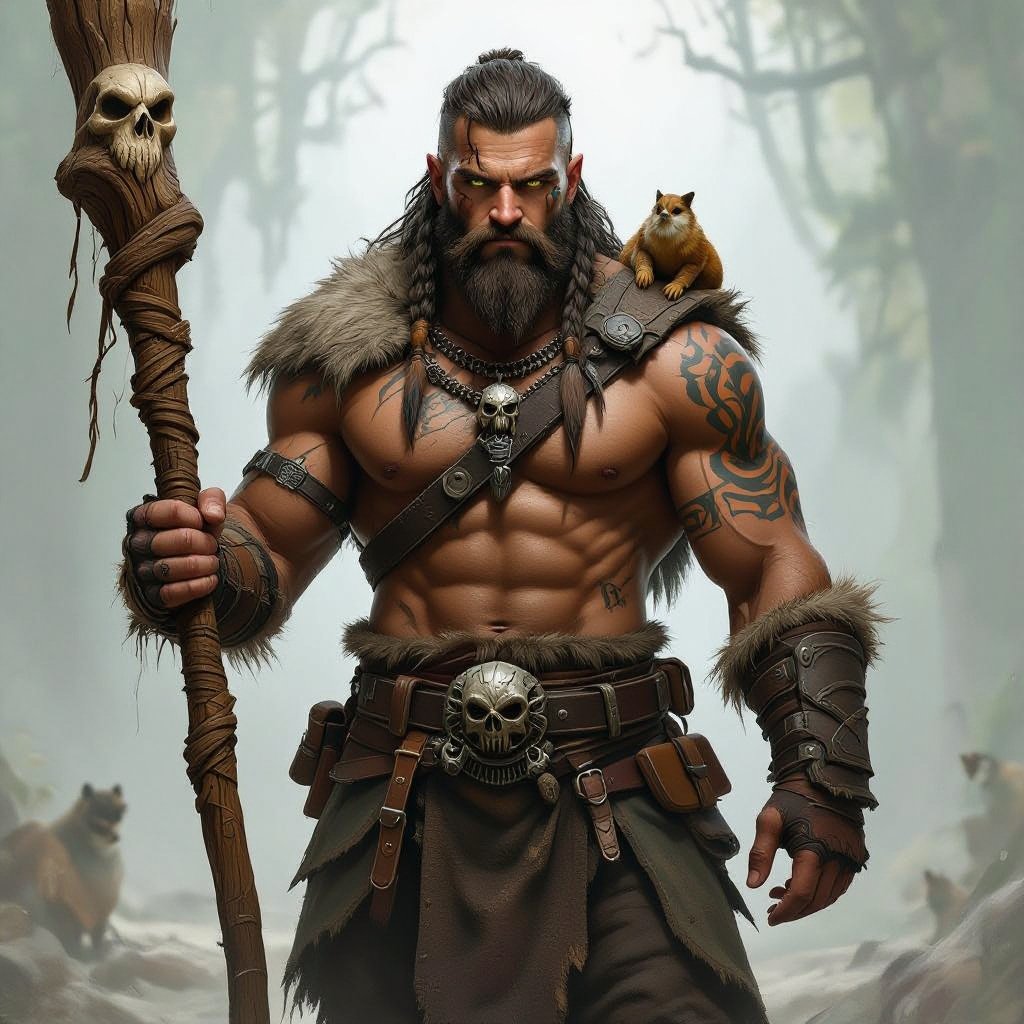 Kael the Beastbound – A rugged, broad-shouldered man with tanned skin and a rough beard, wearing armor made from bone and leather. deep green eyes tattoos of animal tracks spiral down his arms. He carries a massive wooden staff carved with the shapes of beasts, and small creatures often perch on his shoulders or follow at his feet.