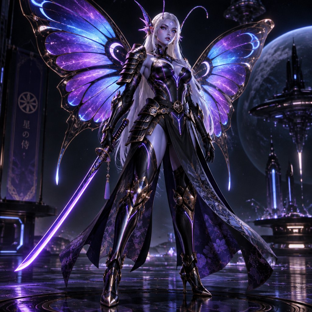 A gorgeous alien butterfly woman in a futuristic space samurai armor. Show whole body.