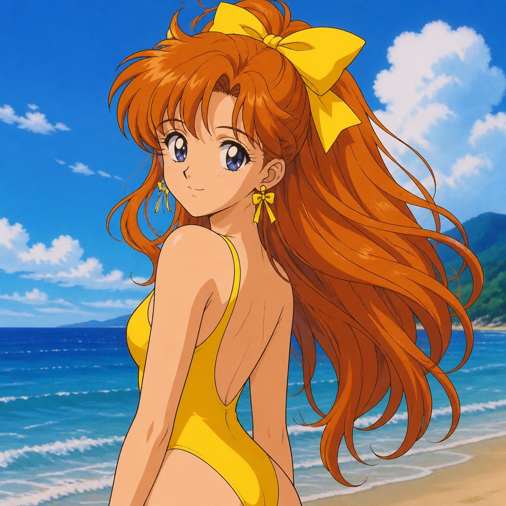 90s anime girl ginger hair yellow bow yellow one piece swimsuit yellow ribbon earrings