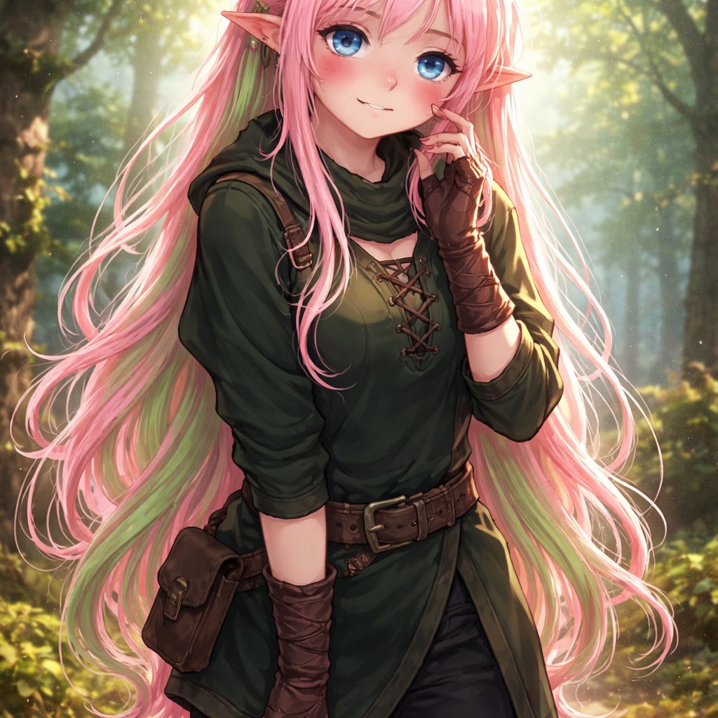 A 19 year old girl who has pink hair with green stripes and she has blue eyes. She is wearing a dark green shirt and black pants. She looks shy.