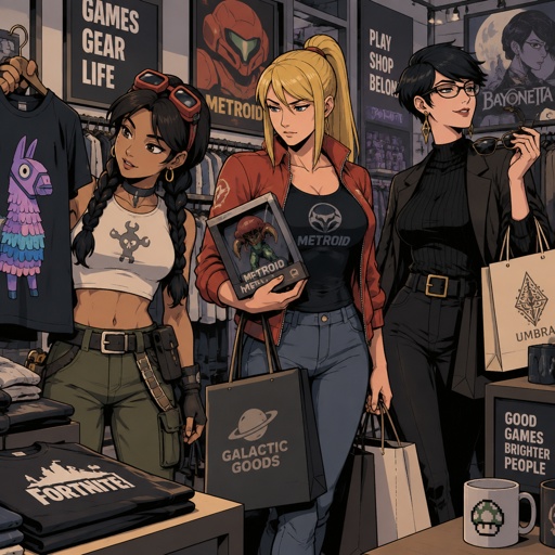 Jules from Fortnite, Samus Aran, Bayonetta from super smash bros short hair, all wearing casual clothes going shopping, store background 