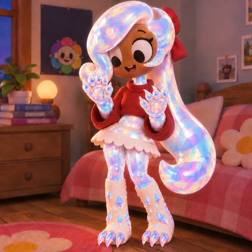 a little girl in a room with a light up doll