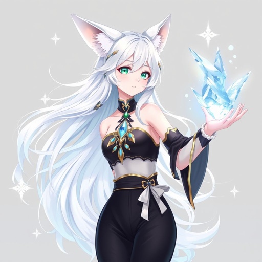 (Genshin Impact based) A pale teenage girl with a Cryo Vision wearing a royal black top and trousers with hair and small fox ears as white as snow with emerald eyes and conducting ice. She also has an ancient mythical right arm