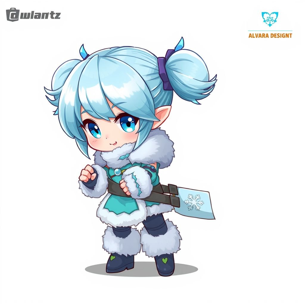 Create a battle woman hero called Alvara the Frostheart. Show full body head to toe including shoes