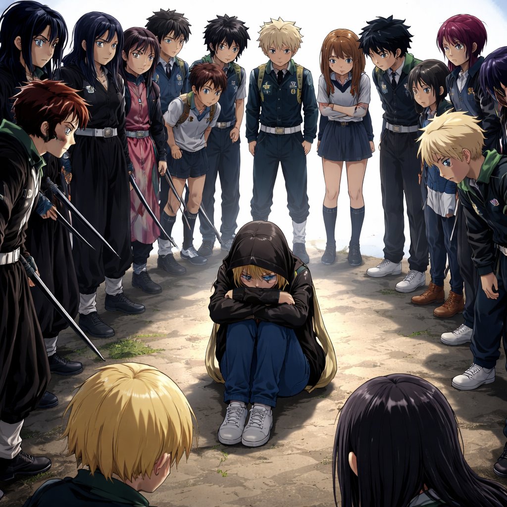 The demon slayers, and class one a comfoting a teenage blonde girl wearing a black hoodie with the hood on her head and her knees to her chest and her head down