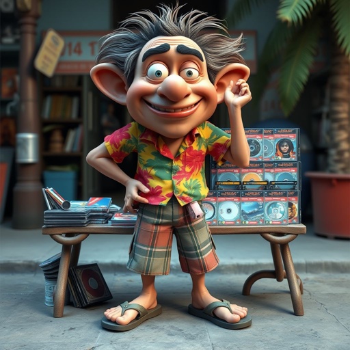 create a guy name bootleg who sellers dvd’s for movies that are fake dvds. Make him funny looking. And make sure the image shows him head to toe like his whole outfit