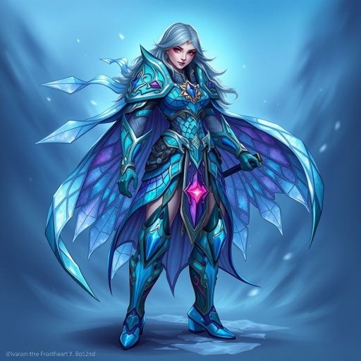 Create a battle woman hero called Alvara the Frostheart. Show full body head to toe including shoes