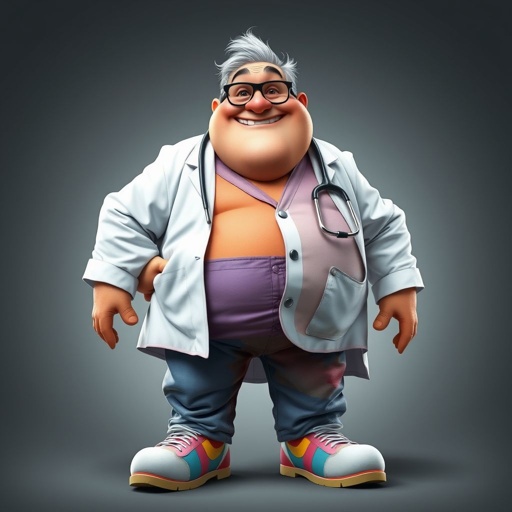 create a fat doctor. Who is funny human looking from head to toe. And he always immediately results to surgery for anything even small things. So please be sure to show his whole outfit head to toe. Make him have 1 tooth