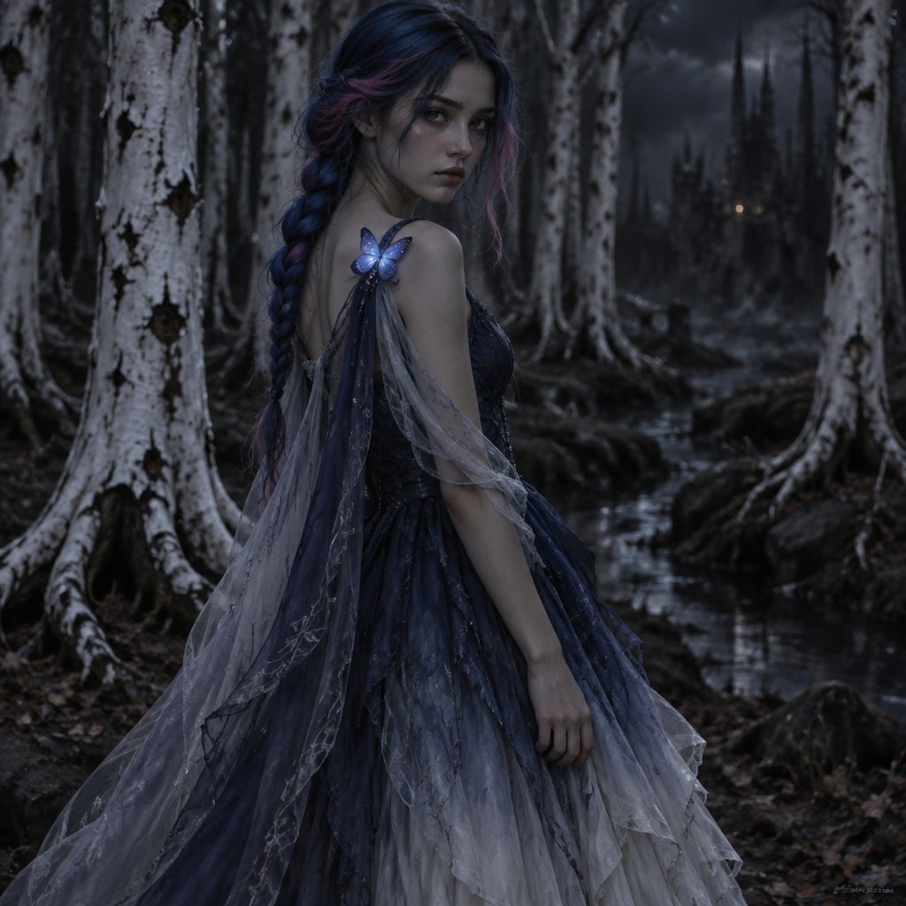 A 17 year old girl who has blue hair with pink and purple stripes and hazel eyes. She is wearing a dark blue dress that has layers. The inner layer is a lighter blue that fades into a soft white. There’s no strap on her left side. The top comes together at her right side and is held together by a blue butterfly which had a prince of clear fabric hanging from it. Her hair is in a low brain that hangs over her shoulder. She stands in a forest surrounded by white trees.