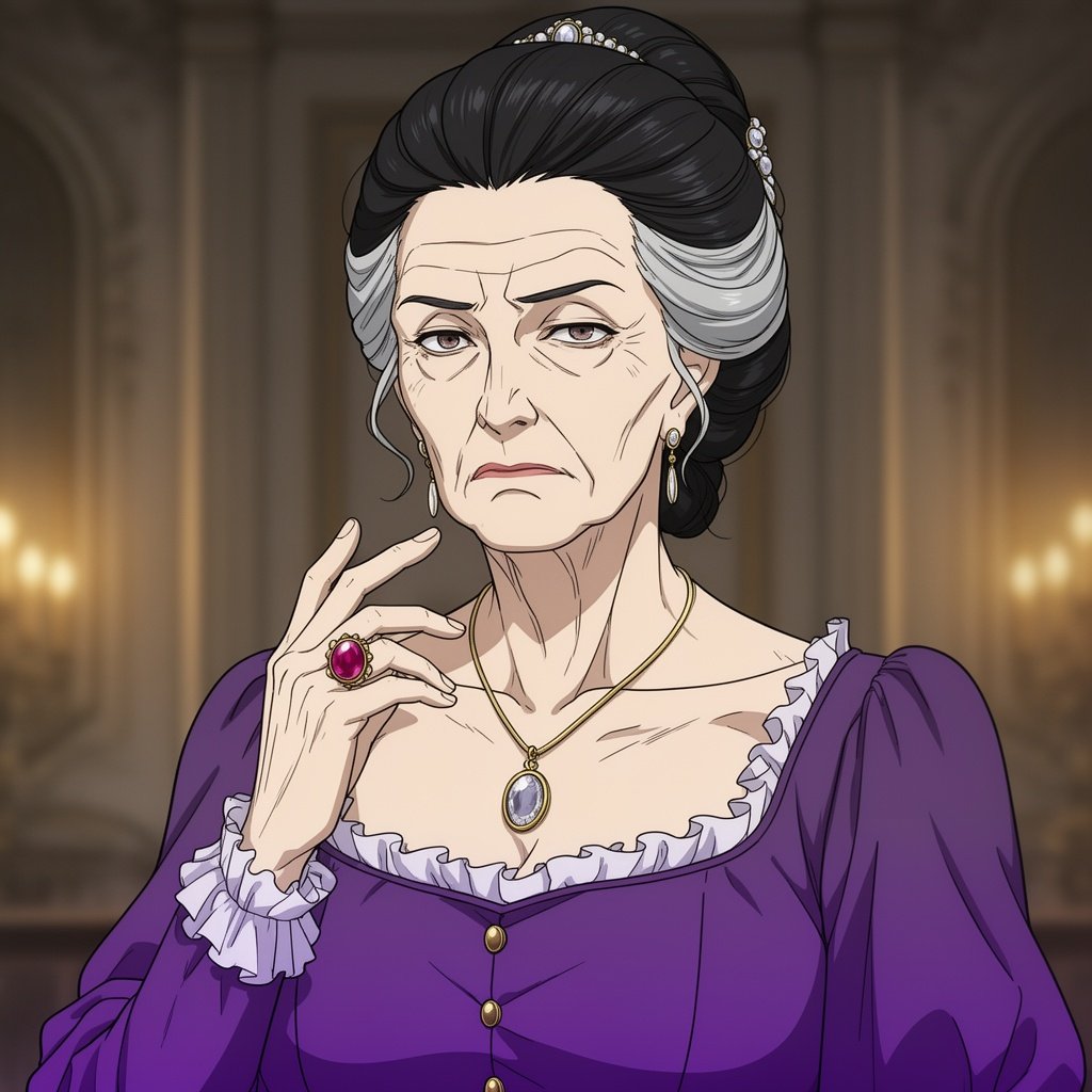 Old woman, fancy purple dress, black hair with streaks of gray in it, hair is pinned up, ruby ring, stern look, locket