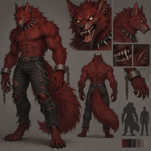 A werewolf with blood red fur a six pack sharp claws wearing black, torn up jeans with his ears pierced, and his tongue pierced. He has a big fluffy tail. wearing a chain as a belt has a spiky metal collar around his neck and wrist like shackles that he broke free from some of the chains are still attached. What are broken teeth are sharp has a bulge in his pants. eyes glowing yellow.