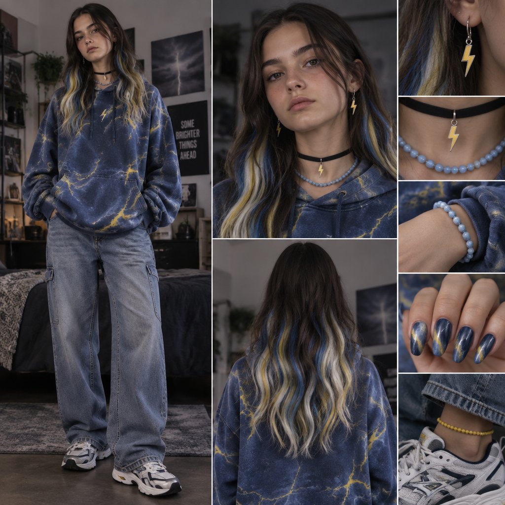 Female, 16, 5 feet and 8 inches tall, long mid back hair with blue yellow and white tips, a black choker with a drop down lightning bolt, a light blue beaded necklace, resting bitch face, oversized blue hoodie with a marbled look with electric yellow, one light blue marble beaded bracket around a wrist, baggy jeans, an electric yellow beaded anklet, running shoes, drop down lightning earrings, and mid almond thunderstorm color themed nails.