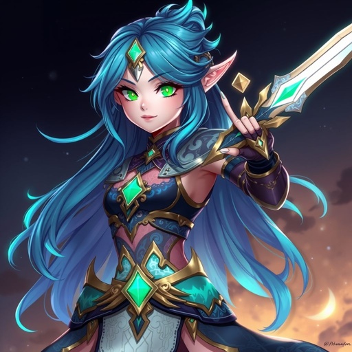 A mildly pale teenage girl. Godly two-piece clothing, glowing emerald eyes, hair as black as the midnight sky with cyan tips carrying a legendary sword in a striking position