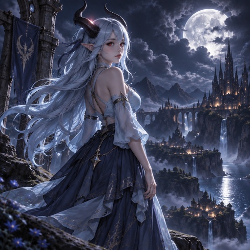 a woman with long white hair standing in front of a castle
