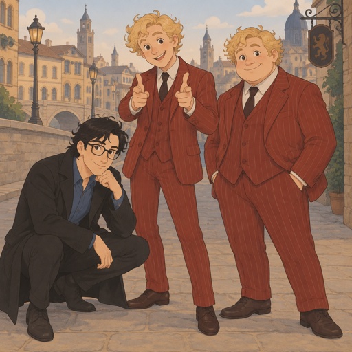 Male, crouching, green eyes, mustache, neck length black hair, neat hair, black glasses, black trench coat, blue shirt, smiling, male blonde curly hair, green eyes, blush, red pinstripe suit, doing finger guns, male, blonde curly hair, green eyes, fat, red pinstripe suit, blush, hands in pockets, smiling, the blonde guy and the fat guy are twins, city background, cinematic 