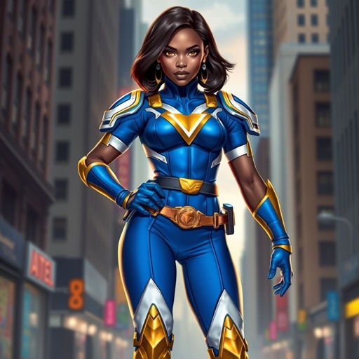 African American female superhero with hair  in a shoulder length side part hairstyle with pure Gold Glowing eyes wearing  slightly armored royal blue white and gold accented suit with royal blue pants and gold knee length boots with a utility belt with a gold V  as her chest emblem in Philadelphia 
