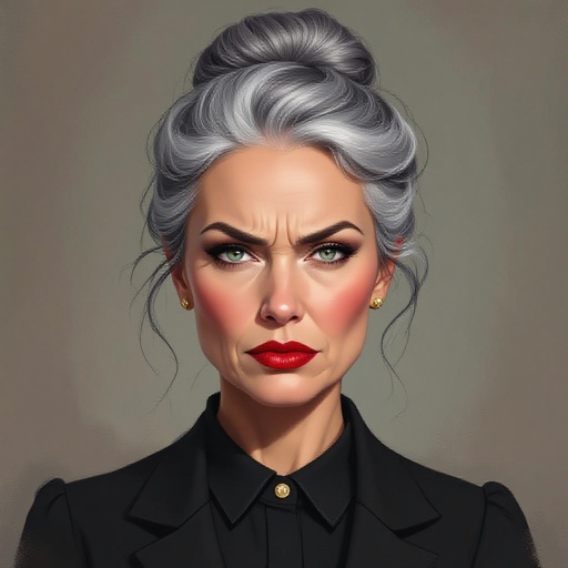 Middle aged woman with salt and pepper hair in a tight strict bun, slightly grumpy, dark red lipstick, boarding school professor vibes