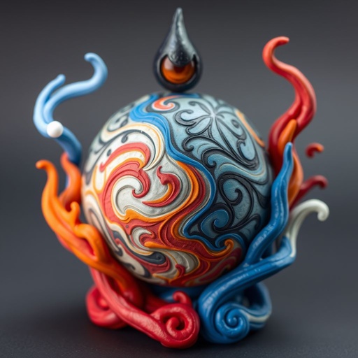 Give me a image of a ball showing power of shadow, fire, frost and mind control 