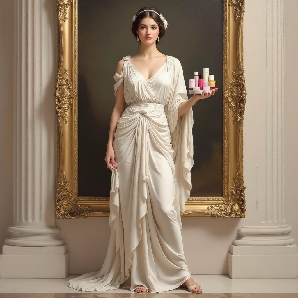 Create a character showing there whole body head to toe, a lady who loves beauty products  