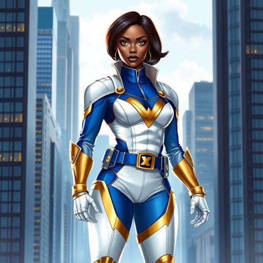 African American female superhero with hair  in a shoulder length side part hairstyle with pure Gold Glowing eyes wearing  slightly armored white royal blue and gold accented suit with white pants and gold knee length boots with a utility belt with a gold V  as her chest emblem in Philadelphia 