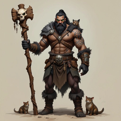 Kael the Beastbound – A rugged, broad-shouldered man with black skin and a rough beard, wearing armor made from bone and leather. deep green eyes tattoos of animal tracks spiral down his arms. He carries a massive wooden staff carved with the shapes of beasts, and small creatures often perch on his shoulders or follow at his feet.