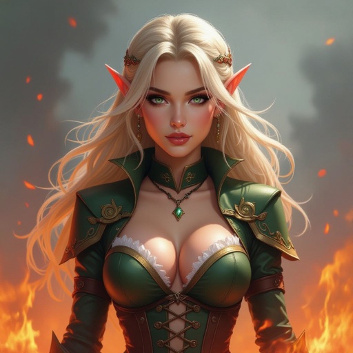 A blonde female elf with big boobs in the middle of fire