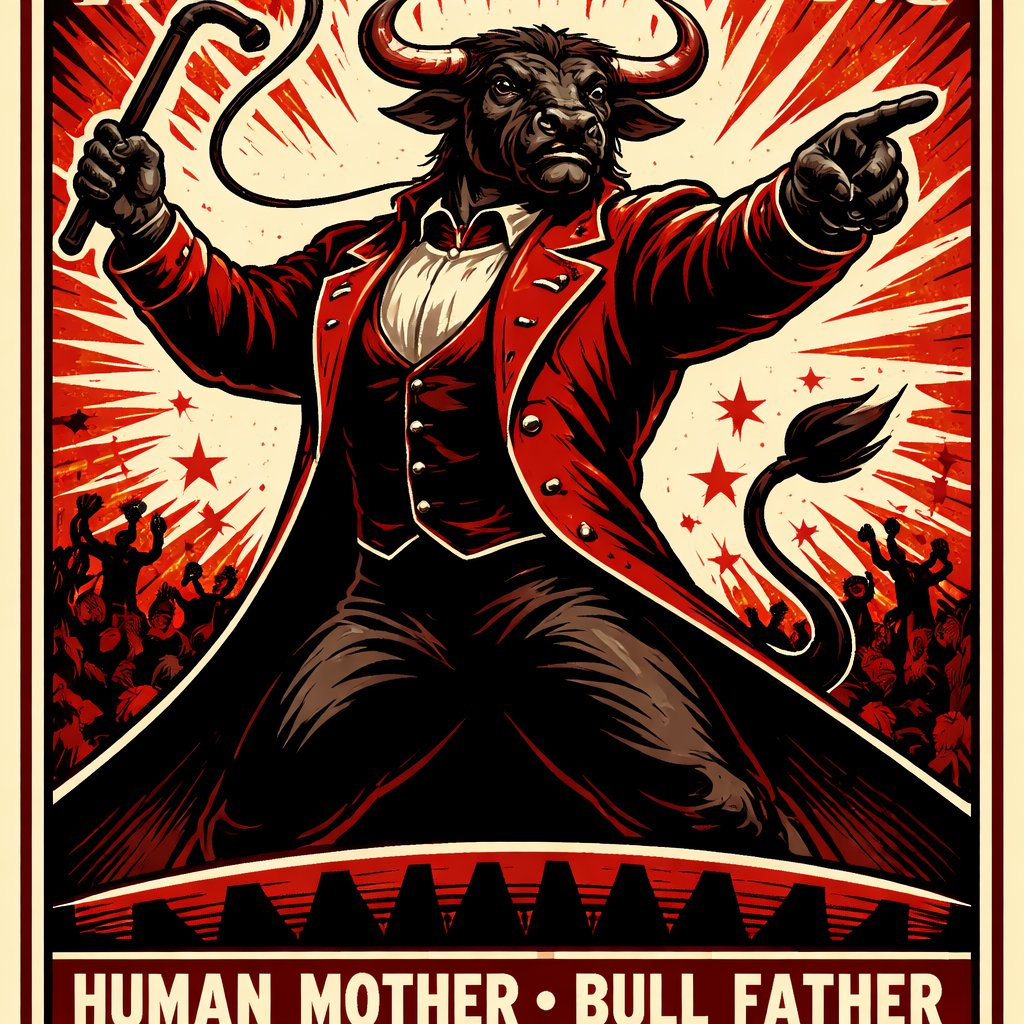 A male Minotaur that has a well~proportioned figure that works at freak show as the ringmaster. That has abilities of Reality Rejection, Time Manipulation (Chronokineses), Zoolingualism (Language of Cattle only), Human Speech. He’s basically a hybrid with his mother being a human with half-animal (Cretan bull) physiology and his father a Cretan Bull.