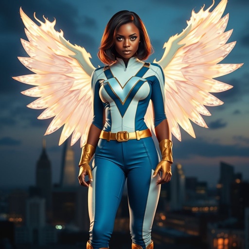 African American female superhero with shoulder length hair in a side part style and wings made of white fire wearing a slightly homemade white blue and gold suit with blue pants with a stylized V as her chest emblem wearing gold flat boots made of gold standing in Philadelphia at dusk