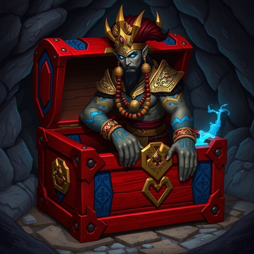 Closed elegant red wooden treasure chest with blue banding sitting on cave floor