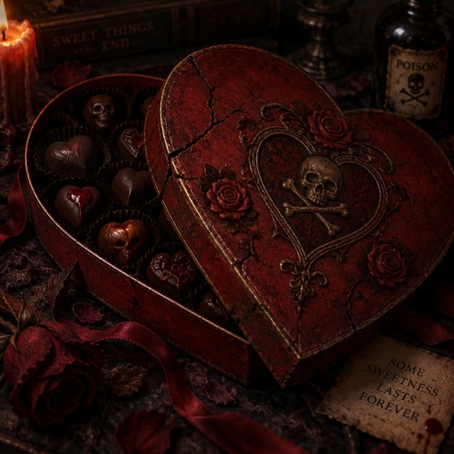 Heart shape valentines candy box with poison symbol hidden on it 