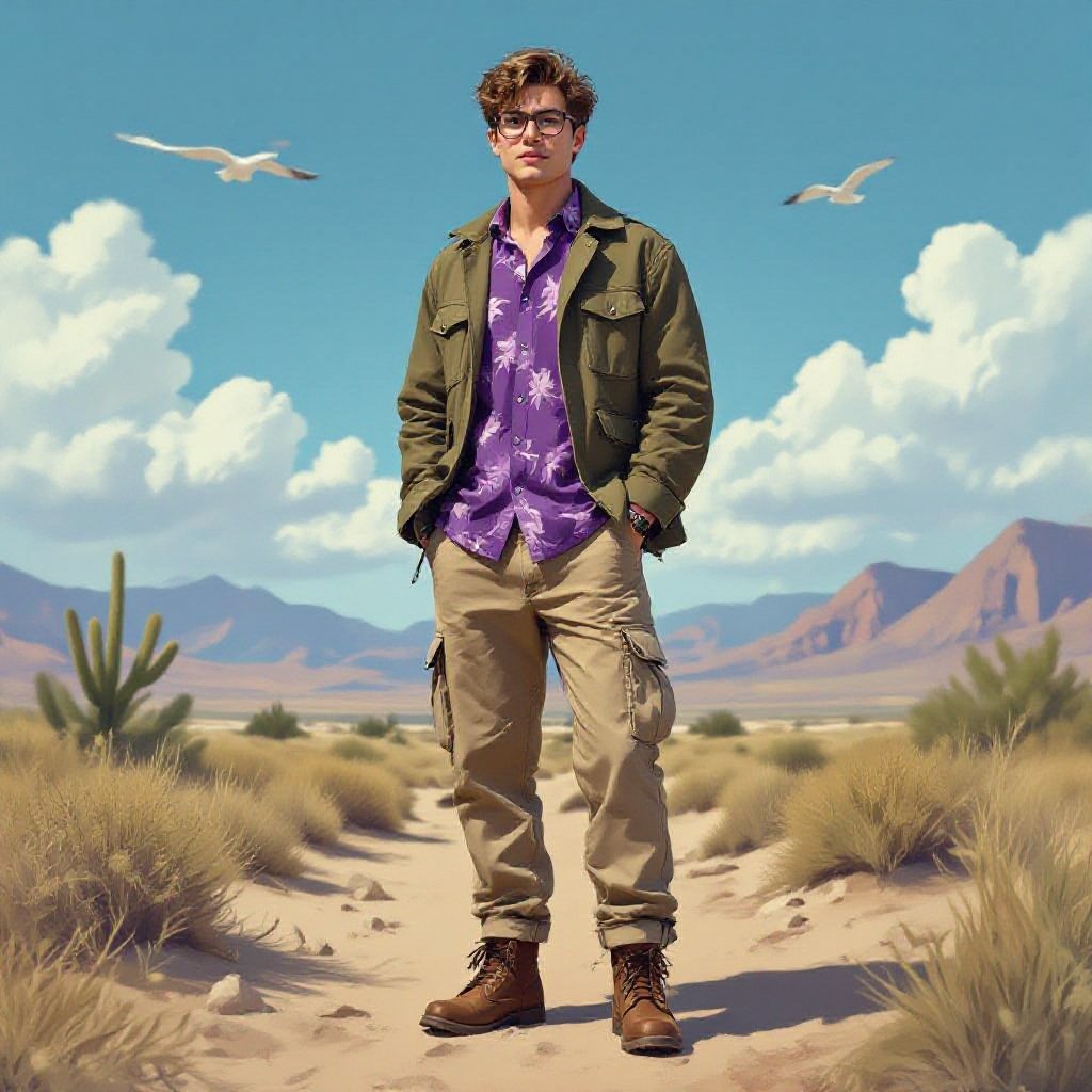 A 19 Year Old man in a Purple Hawaiian Button Up and Beige Cargo Pants. Light Brown Hair Glasses and a worn Army Jacket and Brown Boots

