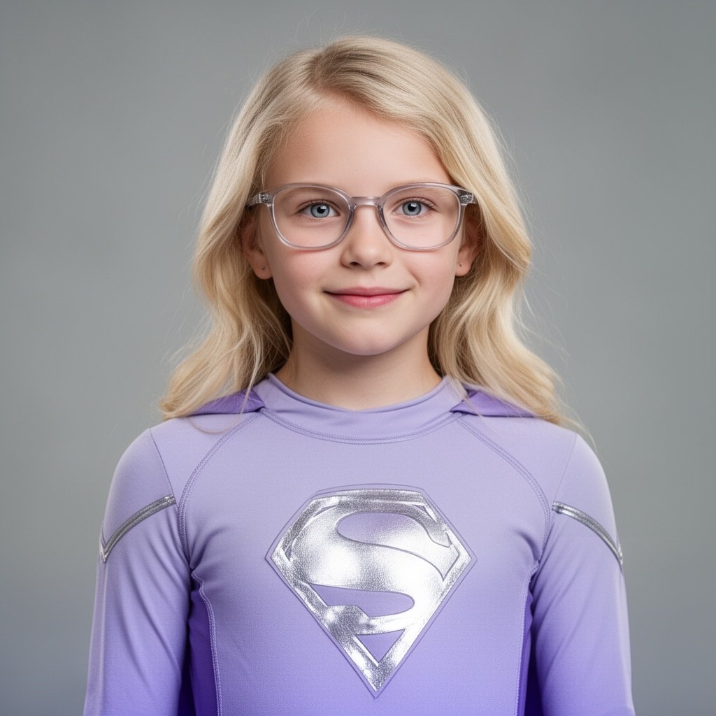 White girl blonde hair glasses light purple superhero suit