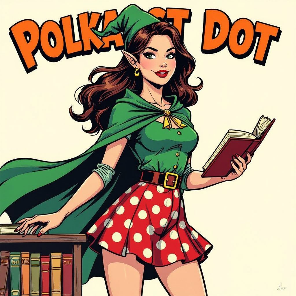 Polka Dot Miniskirt Elf Witch Librarian with Brunette Hair