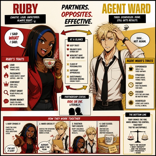 Anime style, Ruby she's dark skin with silk press hair with a streak of blue, serious, intimidating, plays by the rules makes sure she gets all the answers she needs and makes sure those she interrogators gives her all the answers,very good at interrogating the suspect, is pretty loud, staying calm is hard but she tries to be, loves tea, can be pretty reckless,always takes responsibility,she doesn't know about Wards feelings, Agent Ward, nice wave blond hair, is tallish, clean shaven, nice, no glasses, cares about partner, shy, good at his job,when lot of work happens all at once he can get very disheveled, likes his partner but to scared to admit it, smart,as a comic